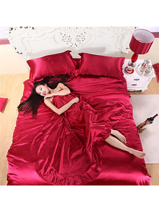 Wine Red Silk Duvet Covers Satin Sheets Bed Linen Solid Silk Pillowcase Flat Sheet Sets