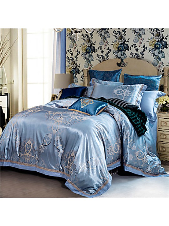 100% Cotton & Silk Blue Rome Style Jacquard Duvet Cover Set 4 Pcs Full Queen Size