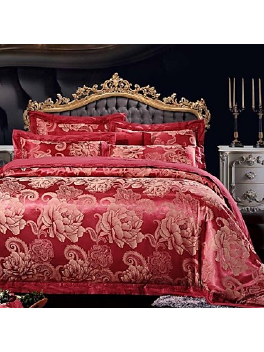 Simple Opulence 100% CottonRed Satin Jacquard Silk Duvet Cover Set