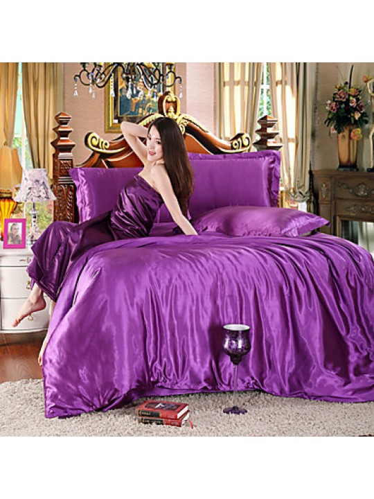 Low Price Silk Beige/Violet Colors Hotel Supplies Duvet Cover Set Bedding Four Pcs