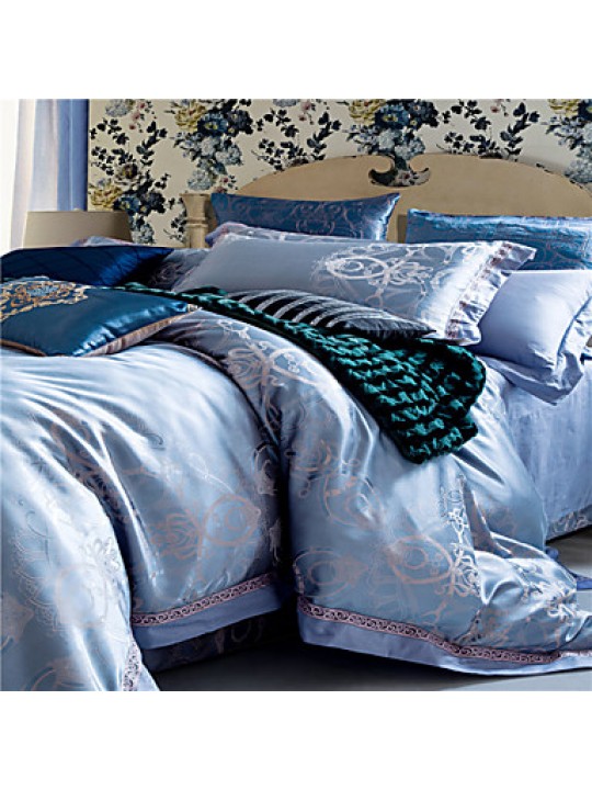 100% Cotton & Silk Blue Rome Style Jacquard Duvet Cover Set 4 Pcs Full Queen Size
