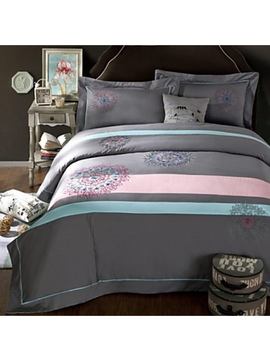 Gray Color Embroied Bedcover 100% Cotton Bedding Sets